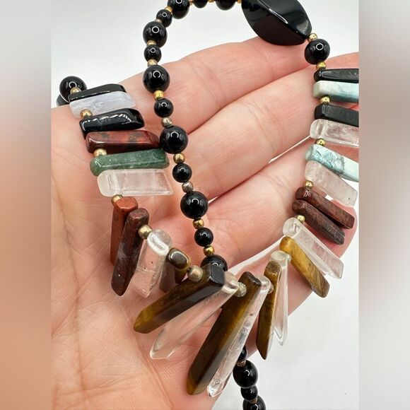20" VTG multi-gemstone bib-style with brass/antiqued gold tone beads necklace! - Picture 6 of 12